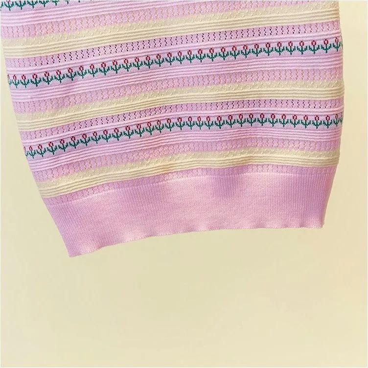 Women's Summer Thin Ice Silk Short-sleeved T-shirt Striped Square Neck Slim Thin Blouse