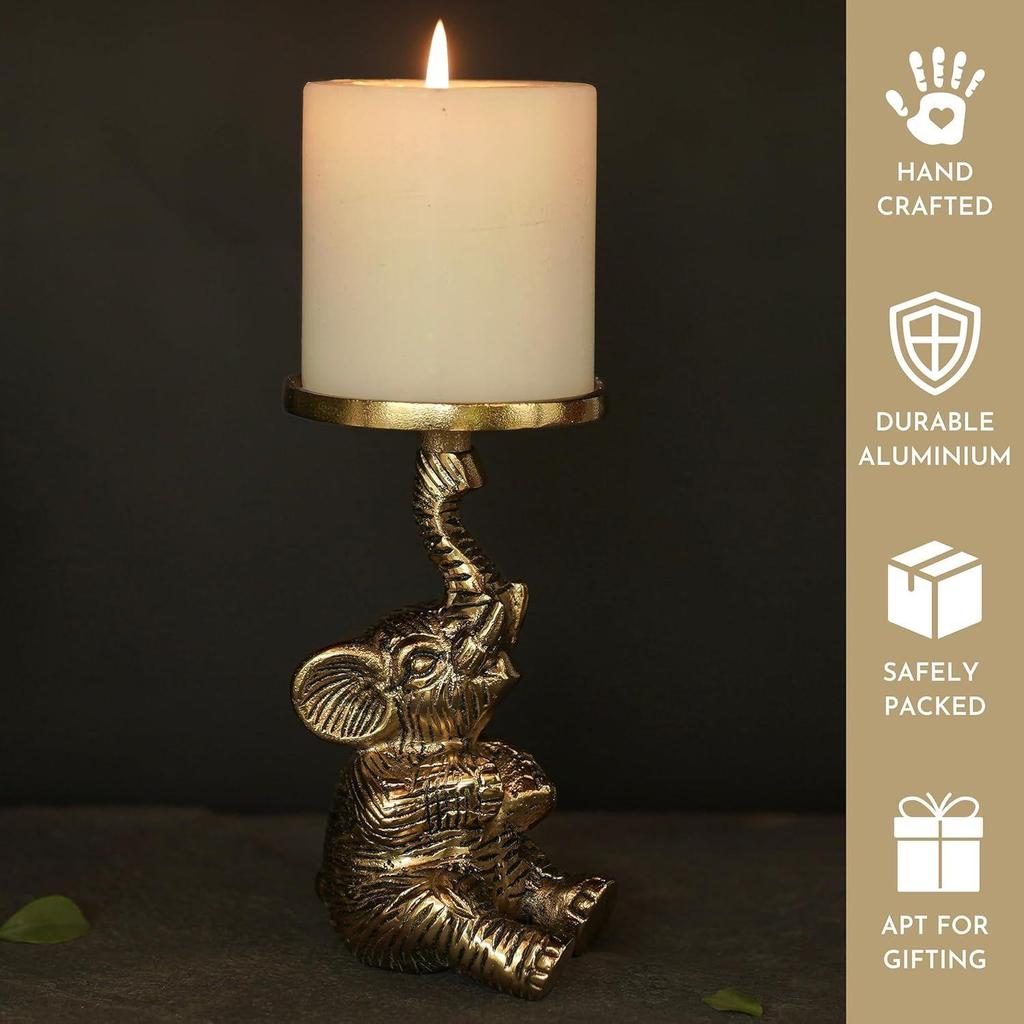 Aluminium Elephant Pillar Candle Holder Statue for Home Decor | Tabletop Showpiece for New Home Diwali Ganpati Decoration