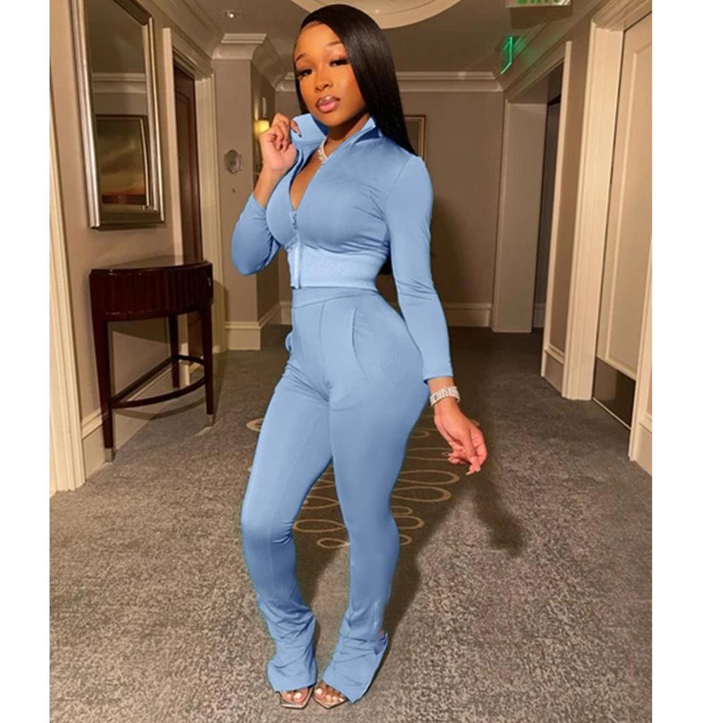 European & American Fashion Casual Solid Color Sports Two-Piece Suit