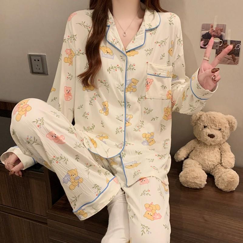 Korean Style Bow Womens Pajama Set Long Sleeve Woven Cotton Loungewear Home Sleep