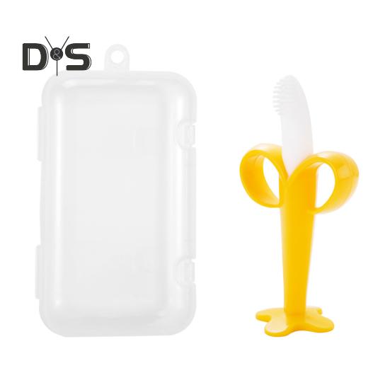 Игрушка для прорезывания зубов у младенцев с ящиком для хранения, пищевой полипропиленовый силикон без запаха, яркий цвет, успокаивающий обезболивающий банановый прорезыватель для зубов, гигиена полости рта для малышей