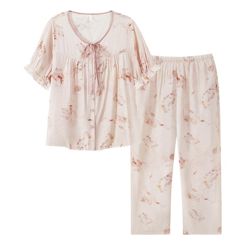 Tencel cotton pajamas women's summer short-sleeved trousers 1011 new mother foreign high-end loungewear set
