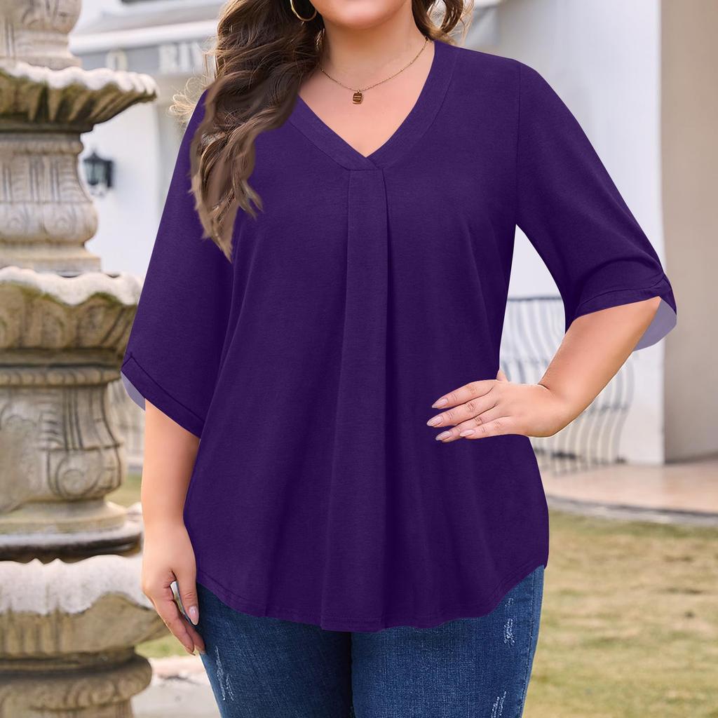 Women's Fashion Large Size Solid Color V-Neck Three-quarter Sleeve Top
