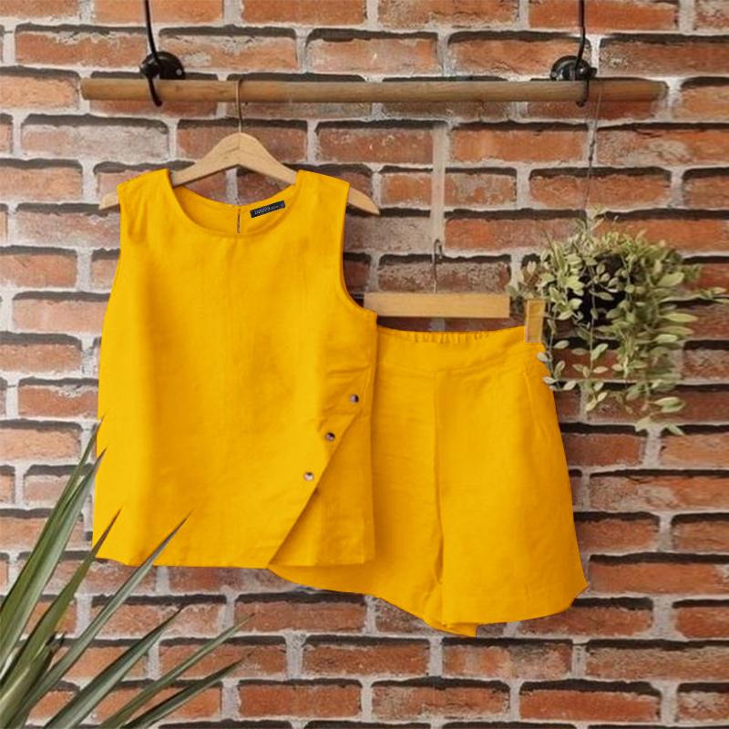 ZANZEA Женские летние свободные топы и шорты без рукавов с круглым вырезом и карманами на пуговицах, комплект из двух предметов
