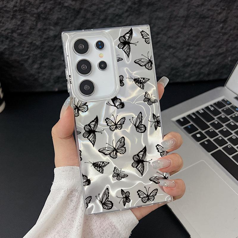 Черный блестящий глянцевый чехол для телефона с принтом бабочек для Samsung S25 S24 FE S23 Ultra A56 A36 A55 A16 A15 TPU PC Hybrid противоударный тонкий прозрачный бампер