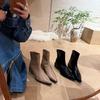 Niche simple pointed middle heel short boots lychee pattern flat bottom thin boots casual Martin boots French elegant small short boots