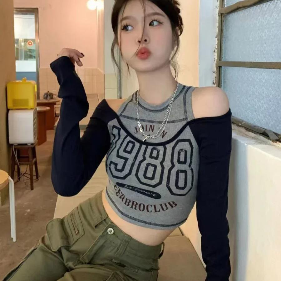 Y2k T-shirt Streetwear Vintage Korean Style Crop Top Women T-shirt Sexy Retro Letter Printed T Shirts Off Shoulder Aesthetic Clothes