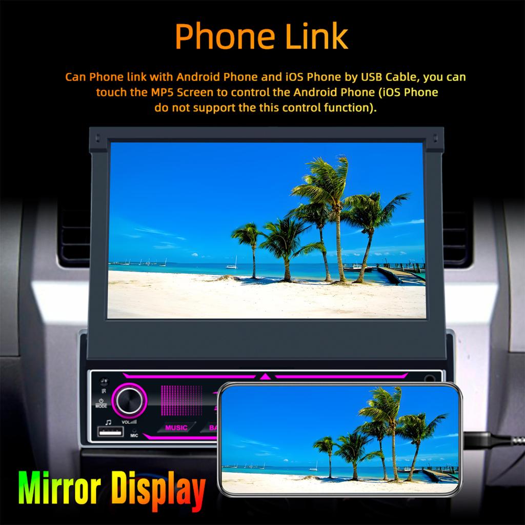 7-дюймовый HD беспроводной Android Auto CarPlay 1Din видео мультимедиа Android MP5 плеер выдвижной экран Mirror Link Car BT/FM/USB/AUX