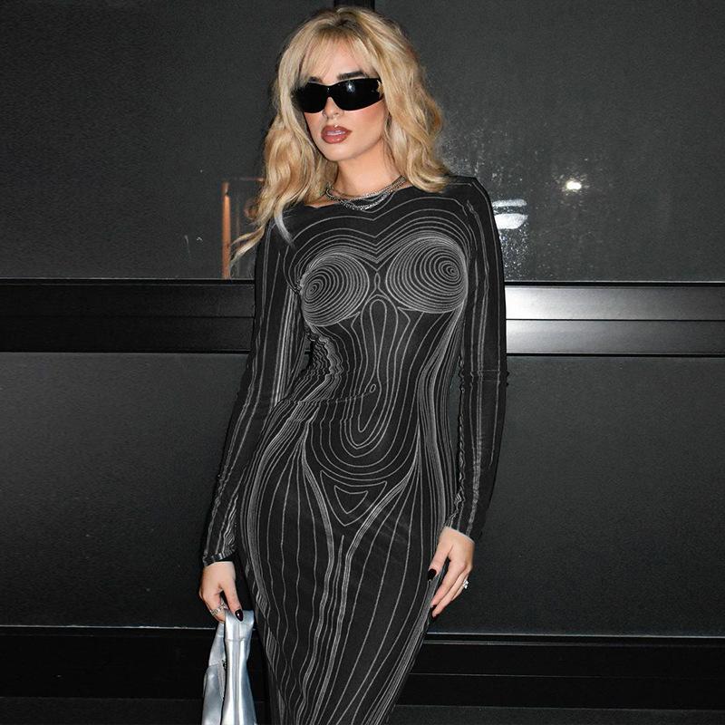 GMXIA Женская мода весна осень однотонный принт с круглым вырезом и длинным рукавом повседневные платья