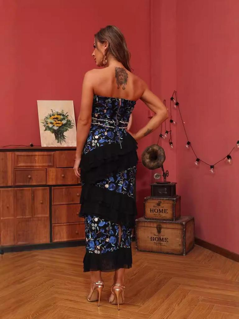 Европейское и американское платье без бретелек с кружевами и оборками, с завышенной талией, стройнящее, для вечеринки