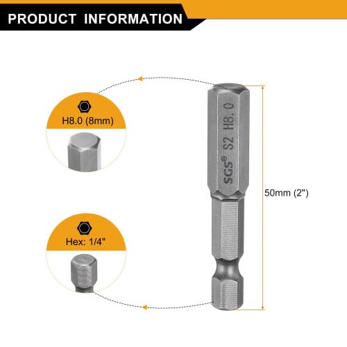 uxcell H8 Hex Bit, 8mm, Single-Head, Magnetic, for Electric Screwdrivers, 50mm Long, S2 Steel, for Electrical Construction, DIY, and Home Repairs