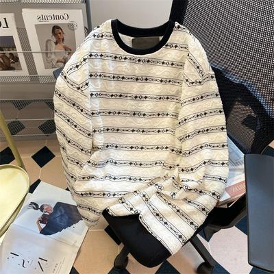 Полосатая женская футболка с длинным рукавом, тонкая, с круглым вырезом, контрастного цвета, пуловер, нижнее белье, свободные осенние женские повседневные топы