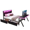 140x200 cm Large Gaming Platform Bed Made of Metal with LED Headboard, LED Desk and Two Drawers, Black