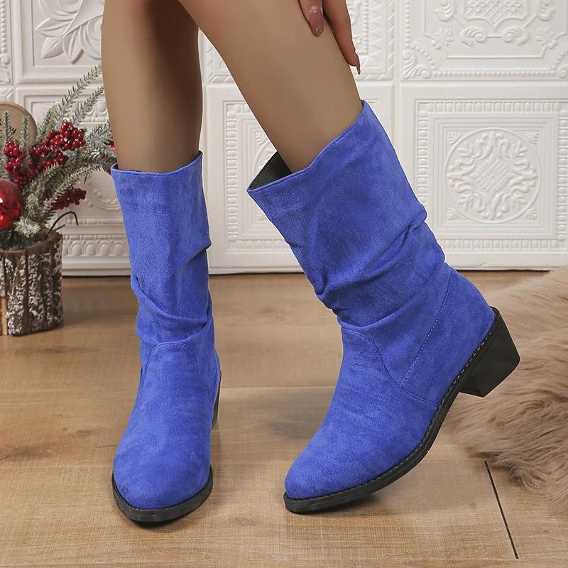 2024 Новые популярные универсальные женские ботинки плиссированные универсальные замшевые темпераментные модные ботинки с круглым носком Zapatos De Mujer
