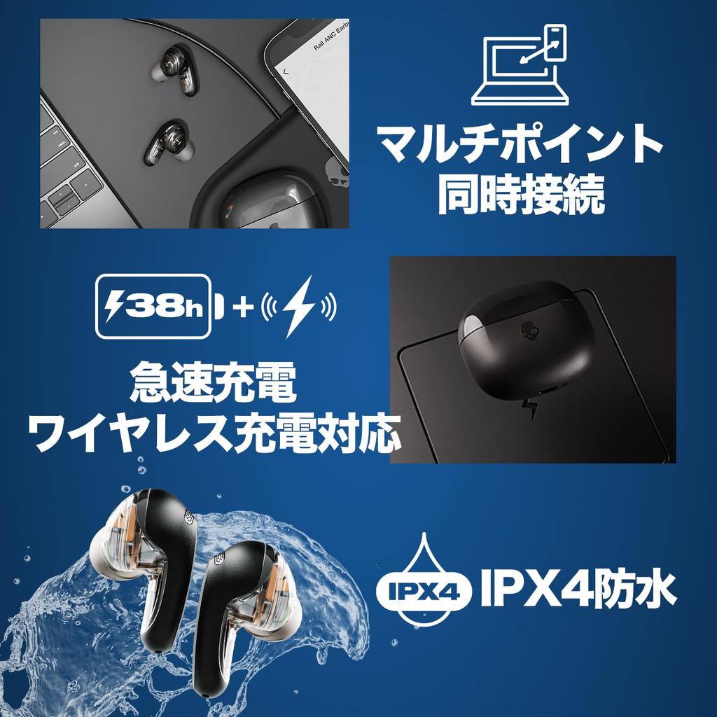 Official Skullcandy Rail ANC Wireless Noise Bluetooth with Lost Personal Wireless Up To 38 Hours of IPX4 Includes Original Black Earbuds, Cancelling,