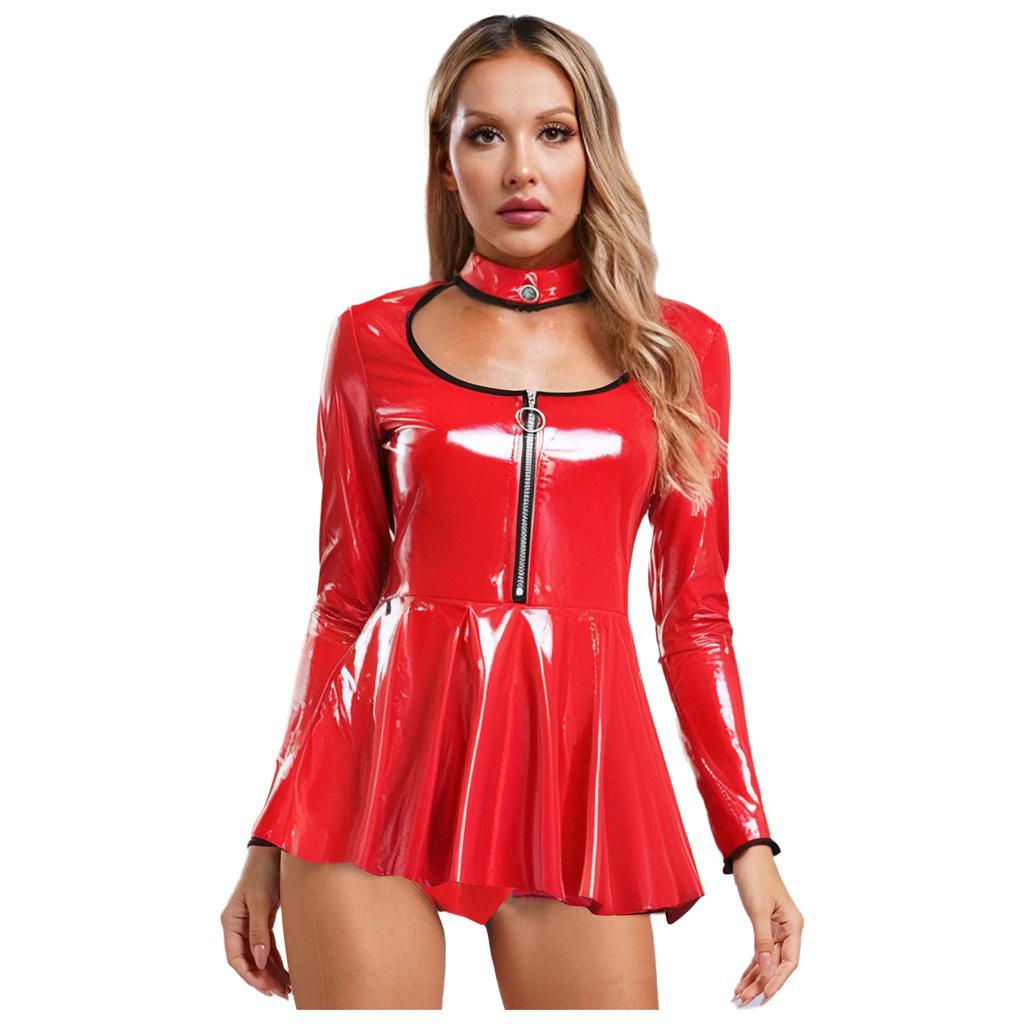 Women Latex Dress Deep V Neck Mesh Long Sleeves Mini Dress Shiny Faux Leather Dress Halloween Costume Rave Party Punk Club Wear