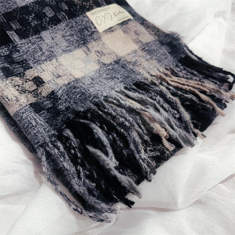 2024 Autumn/Winter New Women'S Mosaic Grid Thickened And Extended Warm Scarf With Contrast Color, High Grade Tassel Versatile Scarf And Shawl