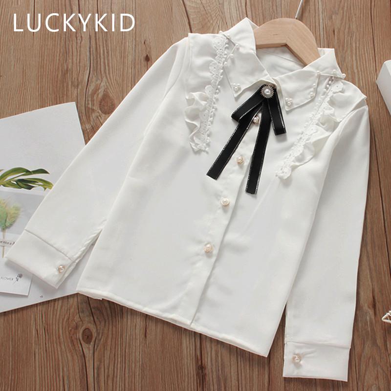 Весенние хлопковые блузки для девочек, однотонные белые топы с длинными рукавами, детская школьная одежда с лацканами, детские топы