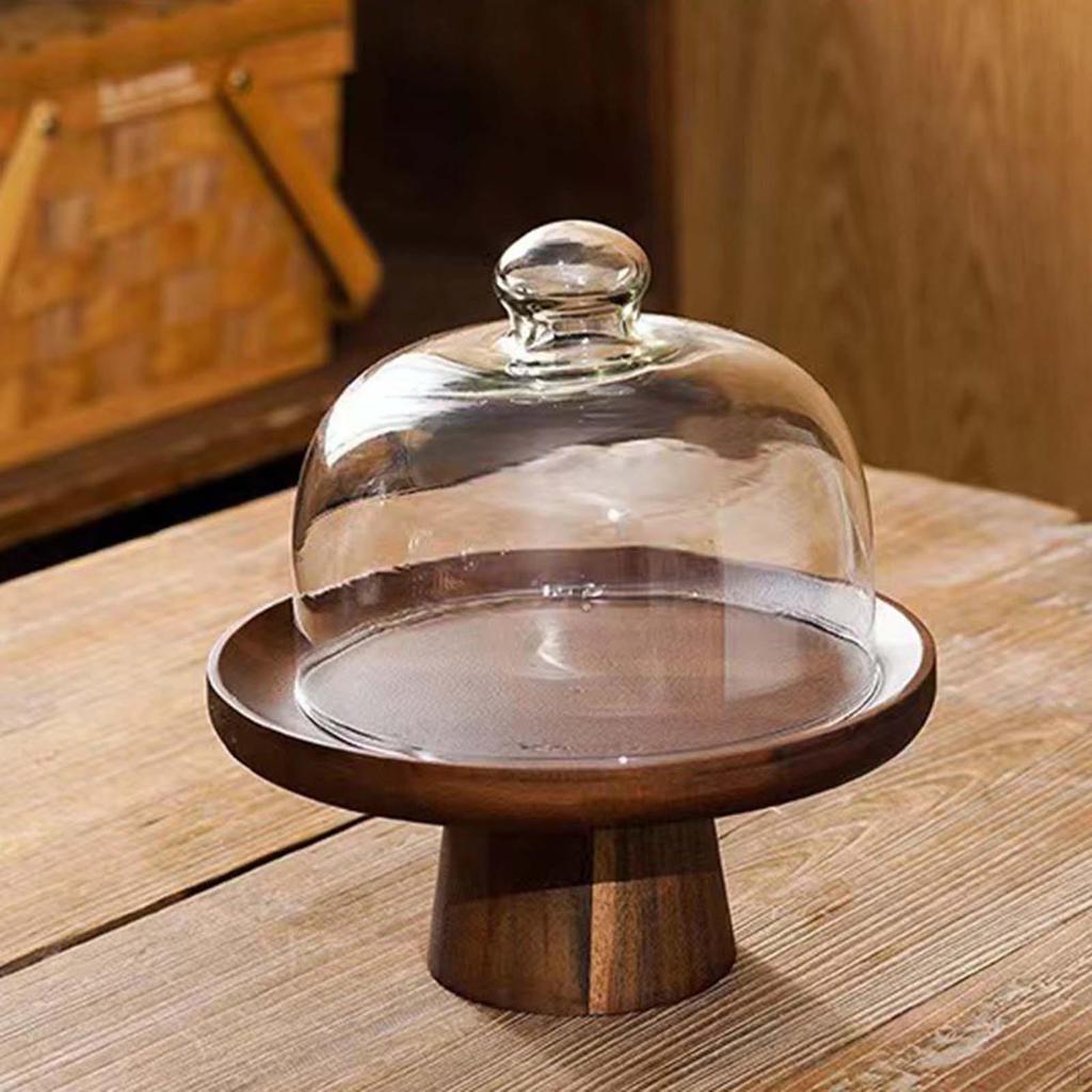 Wooden Cake Stand Plate with Cover Dessert Decor Table Centerpiece Serving Tray