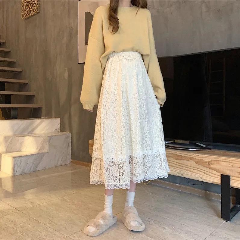 Female Lady Korean Style Black White Blue Lace Midi Skirt Women Spring Autumn Cute Elegant Office A-line Skirt