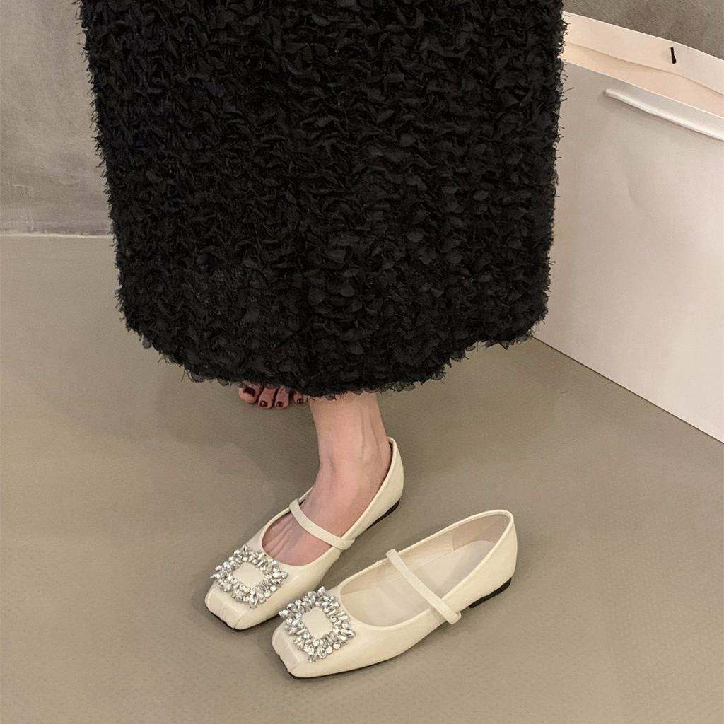 Туфли Мэри Джейн на плоской подошве из французского серебра, женские туфли, весна-осень 2025 года, вечерние туфли красного цвета со стразами и квадратной головкой