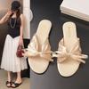 2025 Summer New Korean Version Fashion Flat-bottomed Satin Cool Slippers Women's Bow Outer Wear Holiday Beach Slippers Women