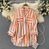 Women Striped Loose Blouse Office Turn-down Collar Long Sleeve Vintage Top Button-up Shirt