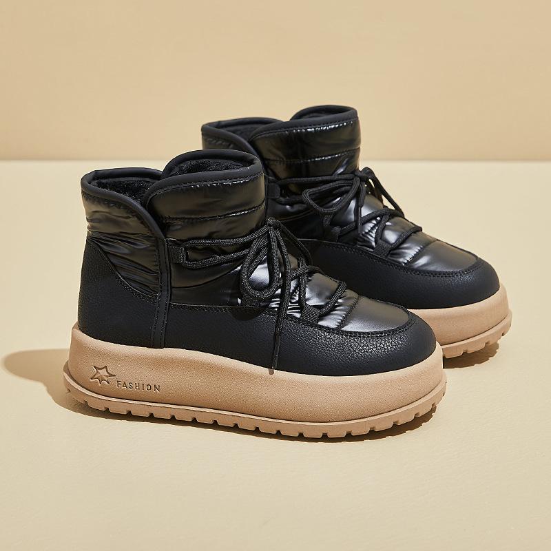 Женские зимние ботинки на толстой платформе, короткие нескользящие ботинки на шнуровке с подкладкой из искусственного меха, теплые и удобные, пушистые, для ходьбы для женщин