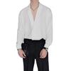 Spring Men Shirt Turn-down Collar Ice Silk V Neck Loose Double Buttons Solid Color Baggy Loose Soft Breathable Long Sleeves Male