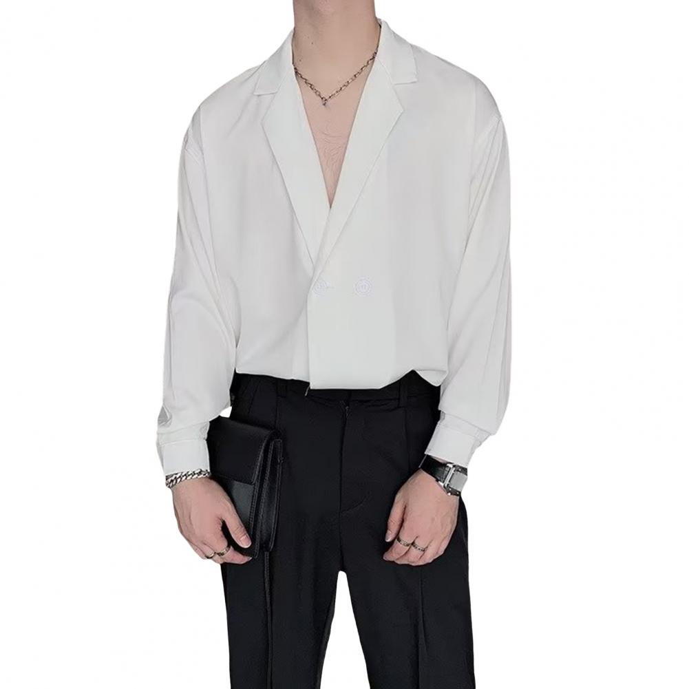 Spring Men Shirt Turn-down Collar Ice Silk V Neck Loose Double Buttons Solid Color Baggy Loose Soft Breathable Long Sleeves Male