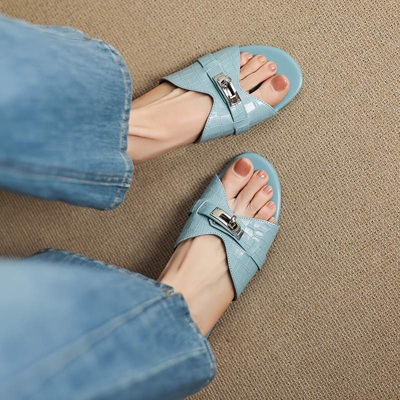 Krazing Pot Мюли из коровьей кожи, летние, размер 42, на низком каблуке, роскошные туфли с металлическими украшениями, женские, суперзвездные, женские, с открытым носком, сандалии без застежек