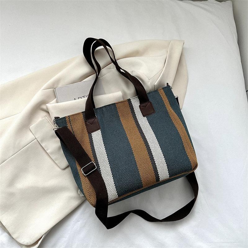 Big Bag Women's Fashion Striped Canvas Commuter Tote Stylish One-shoulder Crossbody Mommy Bag