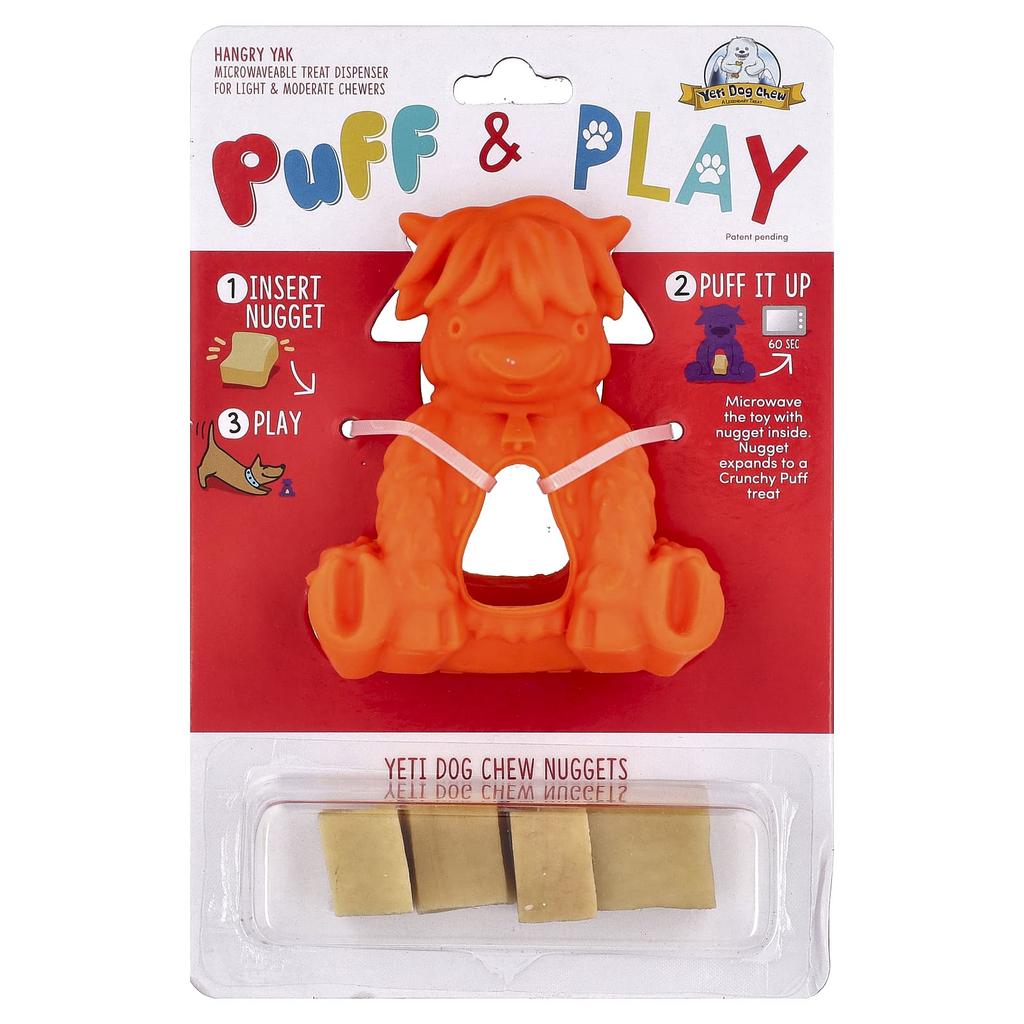 Yeti Dog Chew, Puff & Play, Диспенсер для лакомств, Наггетсы Yeti Dog Chew, Оранжевый, 4 наггетса, 1 диспенсер
