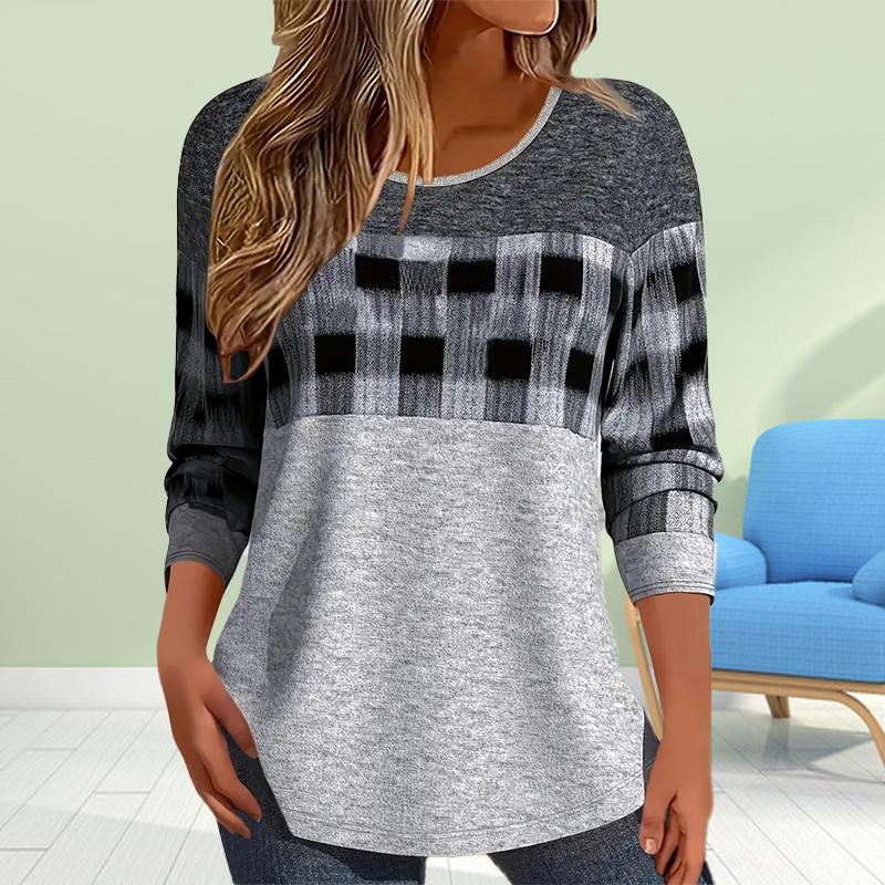 Топы для женщин 3D серый черный блок принт круглый вырез длинный рукав футболка осень повседневный тонкий пуловер женский длинный рукав топ