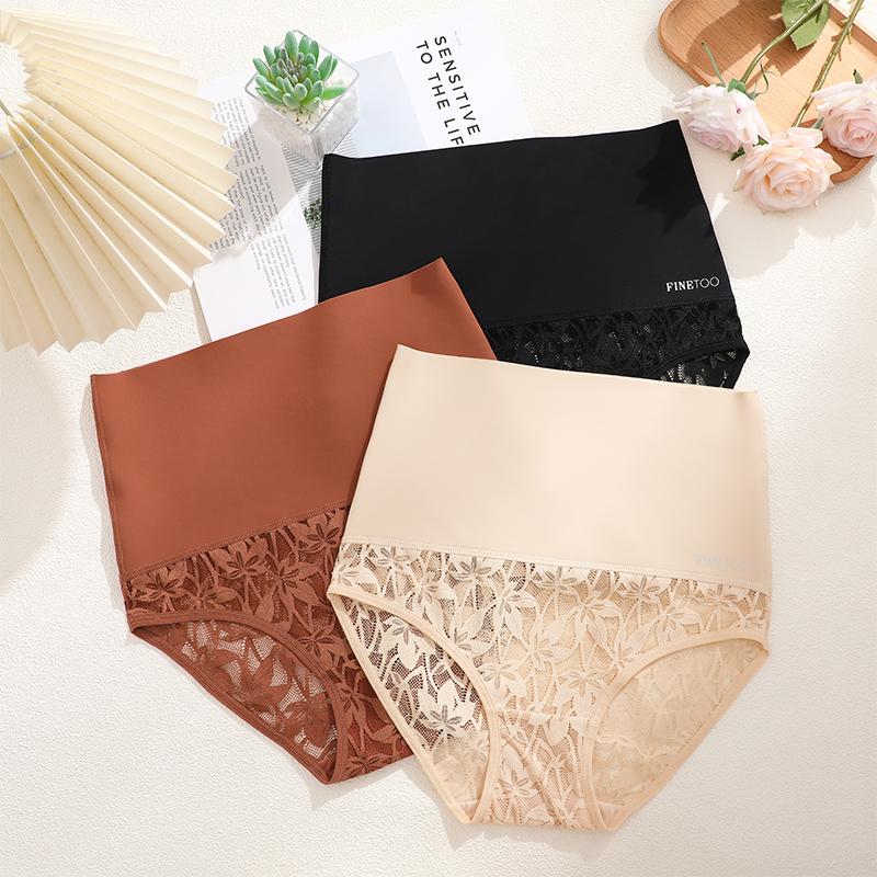 FINETOO 4Pcs Bodyshaper High Waist Lace Panties Women Underwear Soft Crotch Briefs Hollow Out Intimates Lingerie Ice Silk Briefs