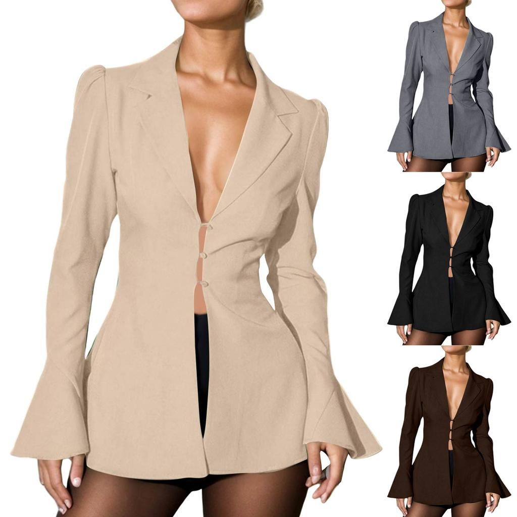 Женская рабочая модная повседневная куртка с длинным рукавом и V-образным вырезом, однотонный топ на одной пуговице