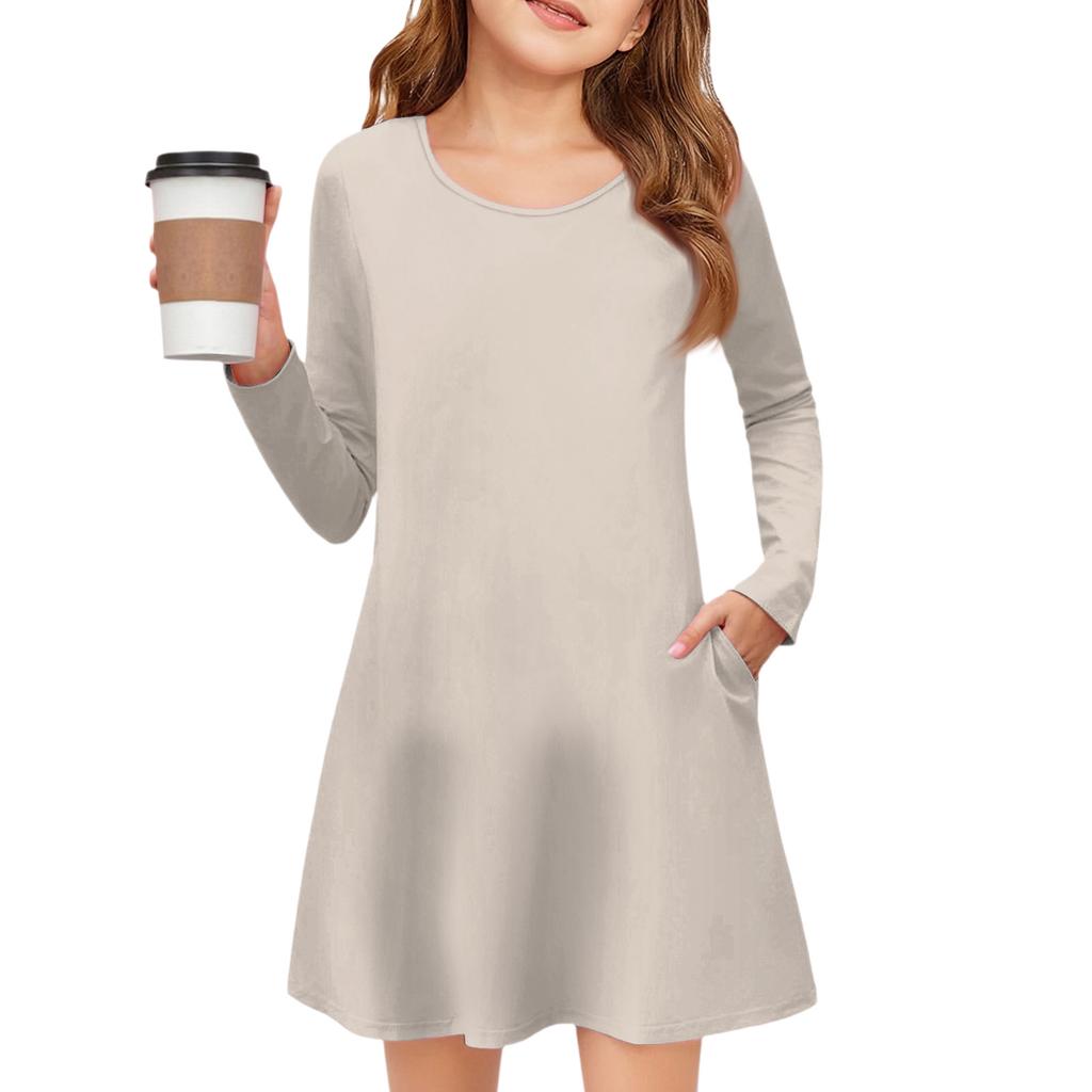 Girls' Long Sleeve Dress - Solid Color Pocket Dress