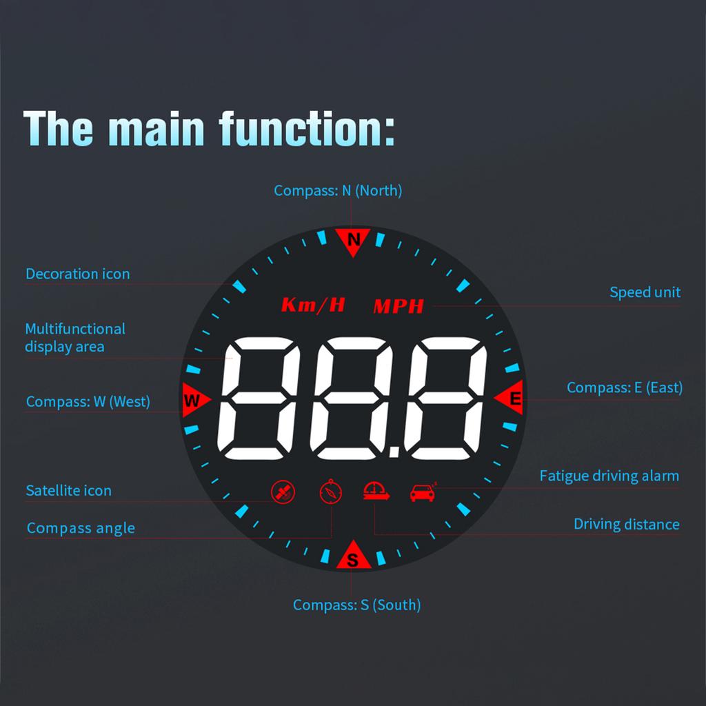 Автомобильный HUD Проекционный дисплей автомобиля Цифровой дисплей спидометра Пробег, угол компаса, превышение скорости