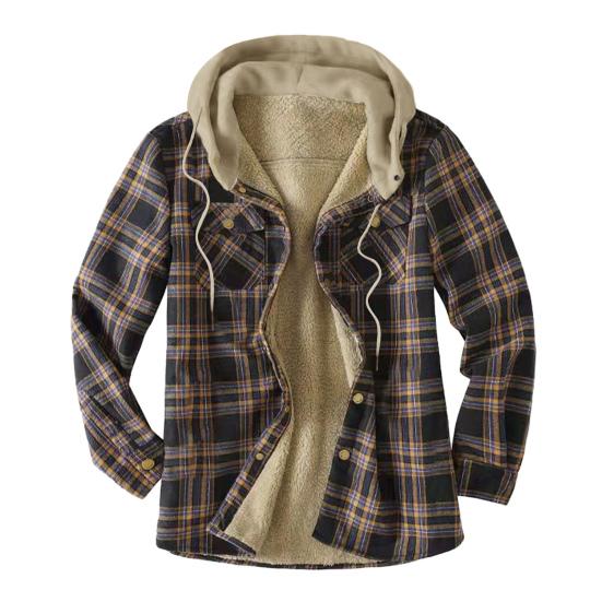 Men Coat Hooded Drawstring Long Sleeve Plaid Print Jacket with Pockets Buttons