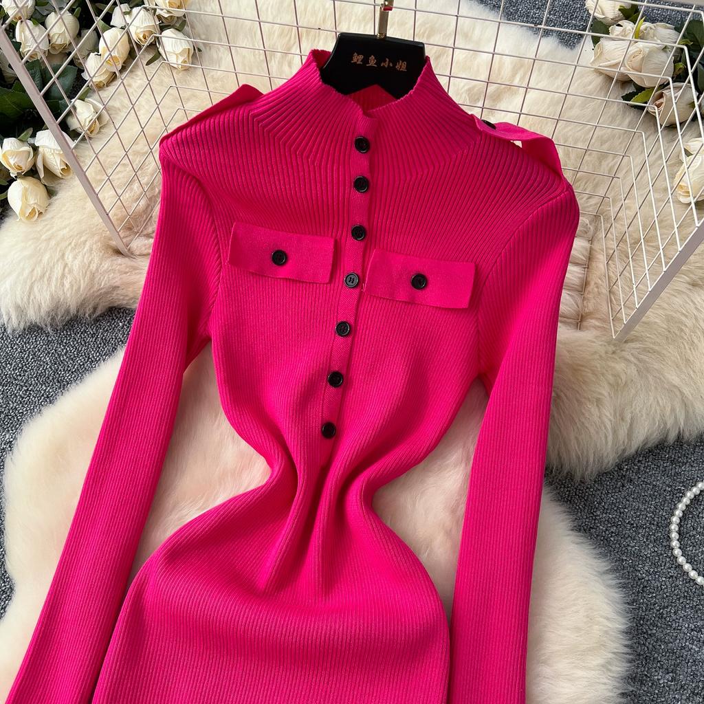 Весна Осень Женский Элегантный Вязаный Свитер со Стойкой Воротником Офисная Работа Длинные Миди Приталенные Платья-Футляры