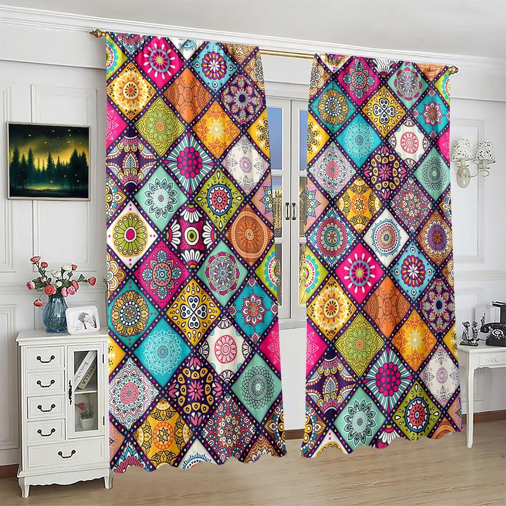 Комплект из 2-х штор с принтом в стиле бохо - полузатеняющие декоративные шторы для гостиных, спален, офисов, кухонь
