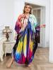 EDOLYNSA Plus Size Multicolor Printed Kaftan Dress For Women Outfit Boho Vacation V-neck Split Robe Summer Beachwear Swimsuit Cover Up Q1588