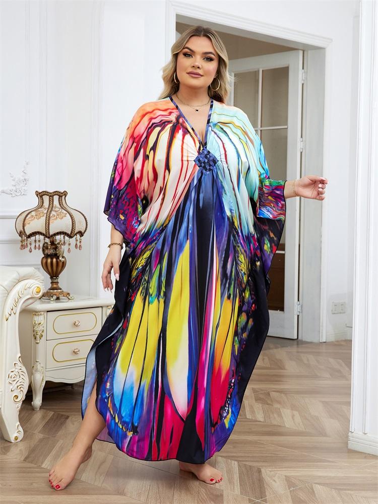 EDOLYNSA Plus Size Multicolor Printed Kaftan Dress For Women Outfit Boho Vacation V-neck Split Robe Summer Beachwear Swimsuit Cover Up Q1588