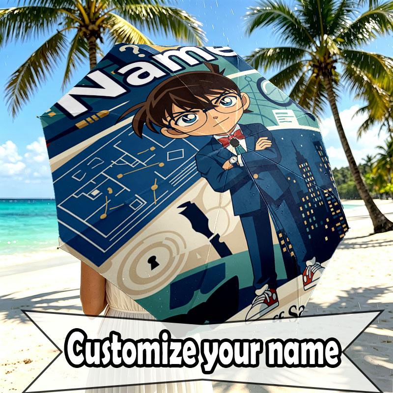 Custom Name Personalized Detective Conan Print Umbrella, Auto Open Close, 8‑Rib Sturdy Frame, Commute Camping Hiking Use, Birthday Gift