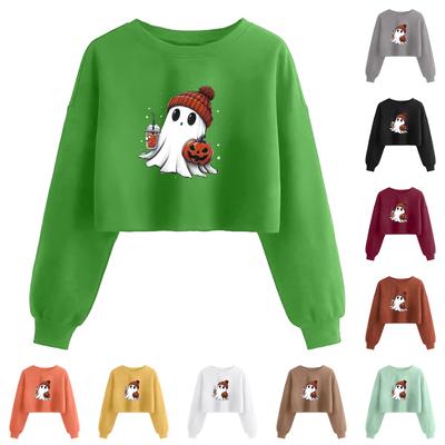 Женский модный пуловер с длинным рукавом и принтом на Хэллоуин, открывающий живот