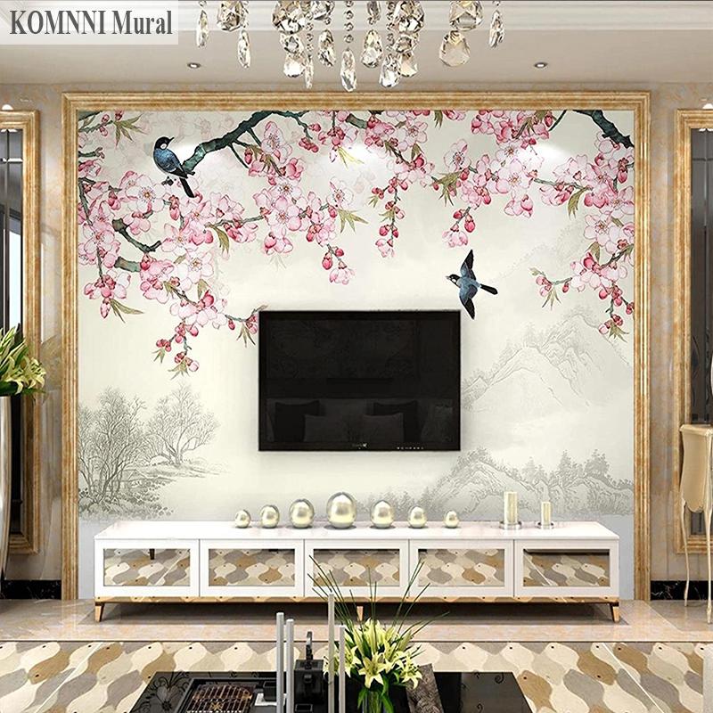Retro Pink Flowers and Birds Landscape 3D Mural Wallpaper, Scenery Photo Large Wallpaper Mural, Living Room Bedroom Wall Decor Mural