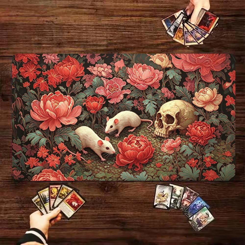 Floral Mouse Skull Trading Card Game Playmat 600X350 TCG Play Mat Magic MTG Non-Slip Durable Stitched Edge Gathering Card Mats