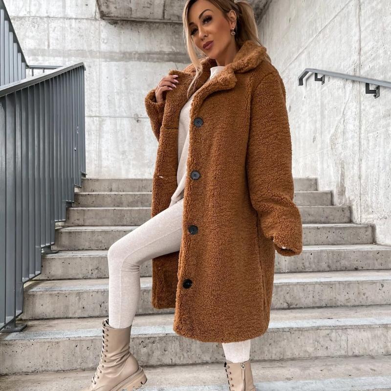Giacca Lunga Invernale Autunnale Manica Lunga Risvolto Donna Taglie Forti Caldo Pile Peluche Cappotti Lunghi Donna Larga Casual Monocolore Giubbotti Donna 24959