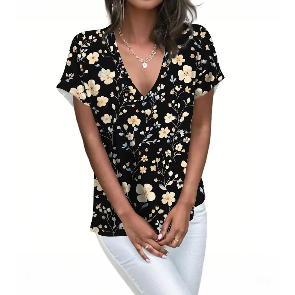 Womens Short Sleeve V-Neck Shirts Floral Print Loose Casual Basic Tees Summer Tops