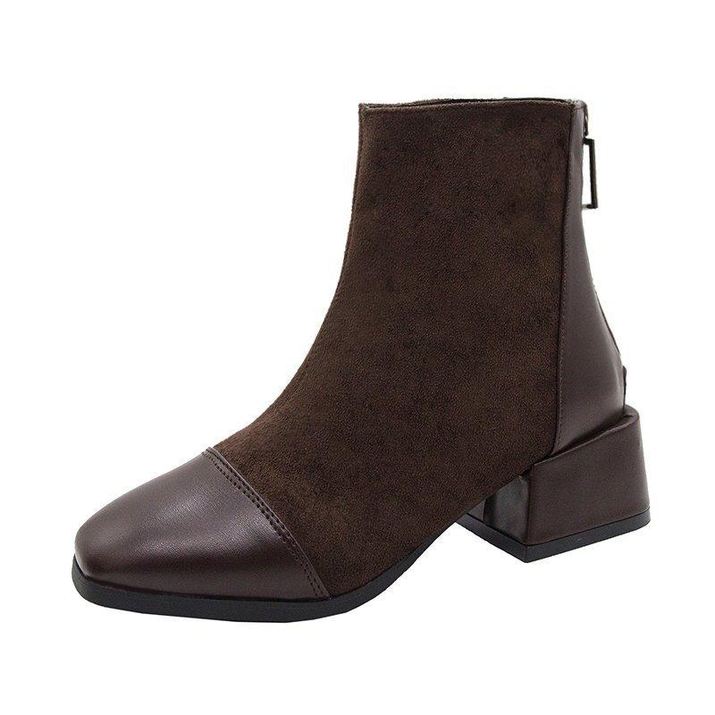 New Suede Women's Shoes 2025 Autumn and Winter Korean Version Fashion Front Zipper Middle Heel Short Boots Women's Korean Version Women's Casual Women